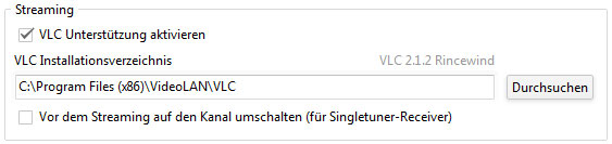 GUI-Optionen – VLC-Pfad konfigurieren